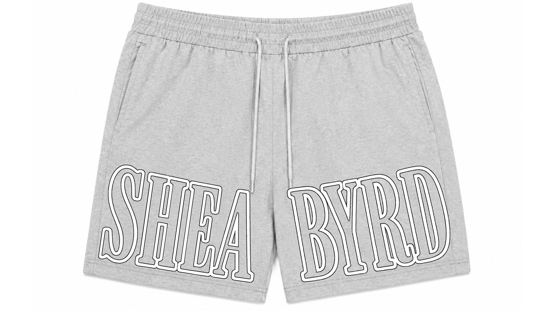 Light gray heather sweat shorts with a white drawstring and large white outlined 'SHEA BYRD' text across the front, shown on a plain white background.